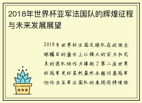 2018年世界杯亚军法国队的辉煌征程与未来发展展望