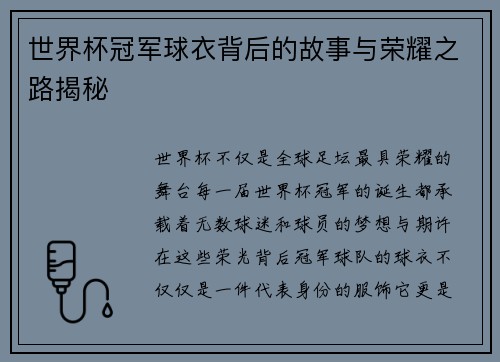 世界杯冠军球衣背后的故事与荣耀之路揭秘
